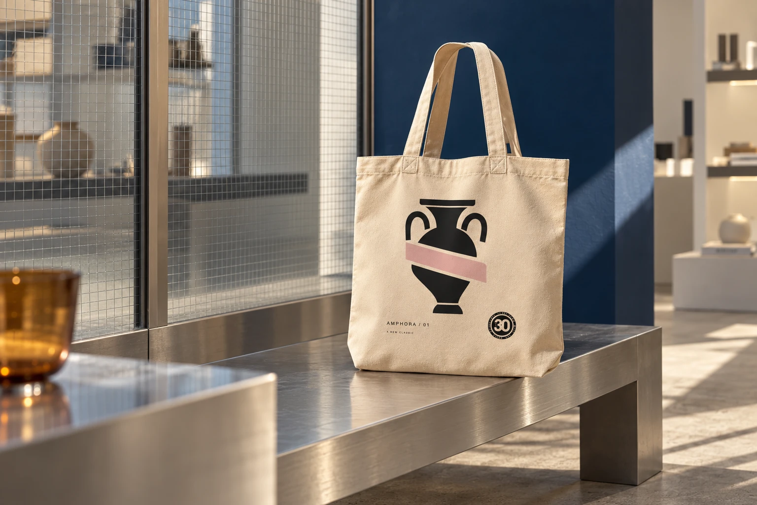 Amphora-Tasche in einer digital gestalteten Kampagnenszene mit gebürstetem Stahl, Glas und tiefem Blau