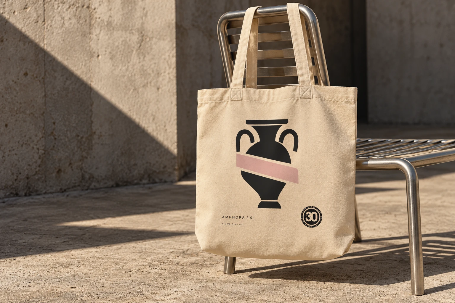 AMPHORA-Tasche aus Bio-Baumwolle an einem Stahlstuhl im harten Sonnenlicht, mit sichtbarem anthrazit- und altrosafarbenem Druck